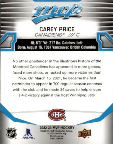 2022-23 Upper Deck MVP Hockey - Base #3 Carey Price - Montreal Canadiens