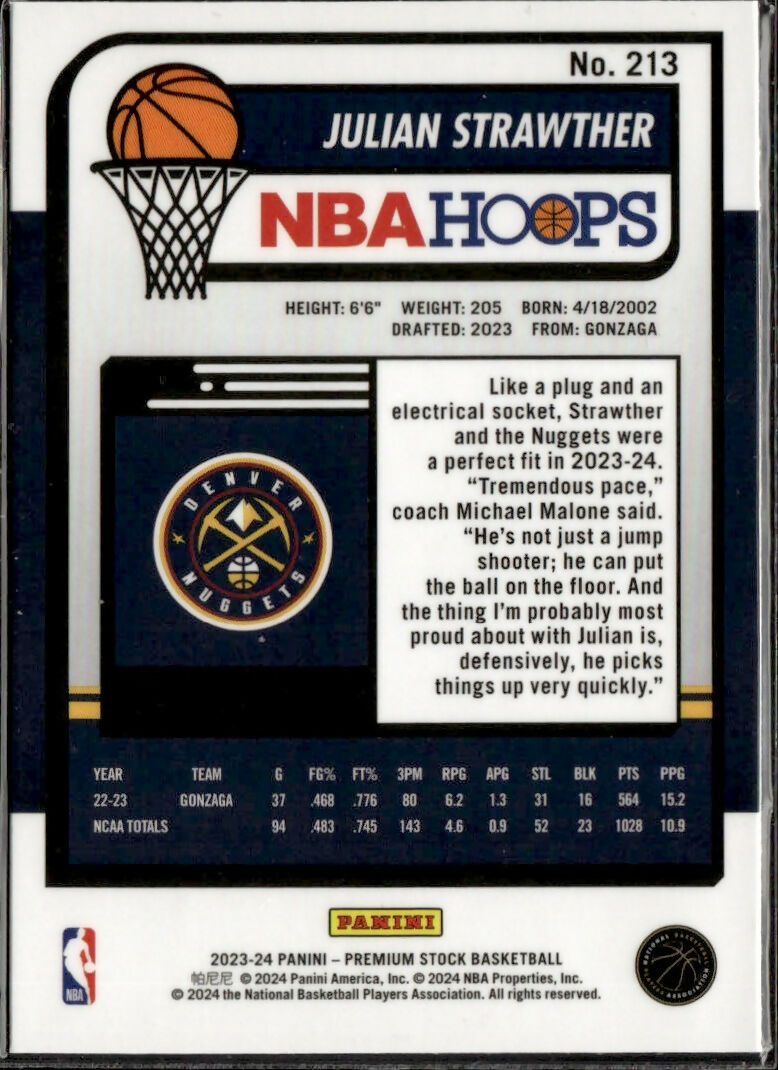 2023-24 Panini NBA Hoops Premium Stock - Base #213 Julian Strawther - Denver Nuggets - B