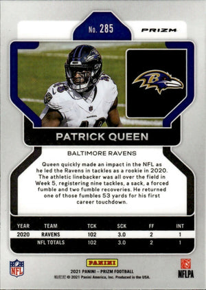 2021 Panini Prizm Football Base - Red White And Blue Prizm #285 Patrick Queen Baltimore Ravens - B