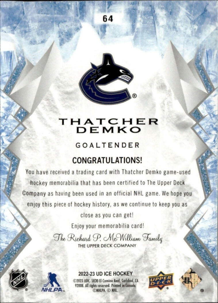 2023-24 Upper Deck Ice Hockey - Base - Jersey #64 Thatcher Demko - Vancouver Canucks - B