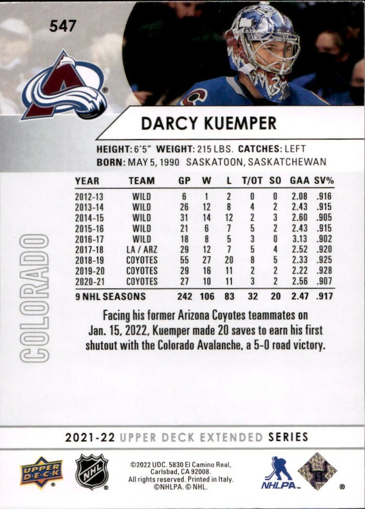 2021-22 Upper Deck Extended Series Hockey - Base #547 Darcy Kuemper - Colorado Avalanche - B