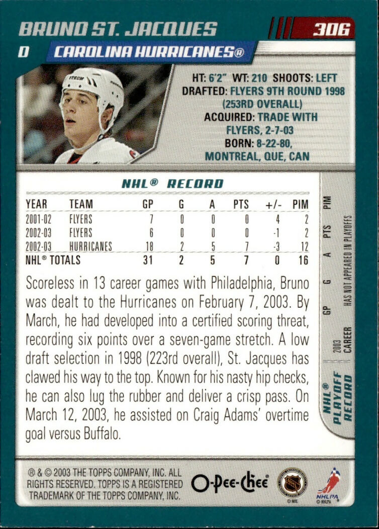 2003-04 O-Pee-Chee - Base #306 Brund St. Jacques - Carolina Hurricanes - B