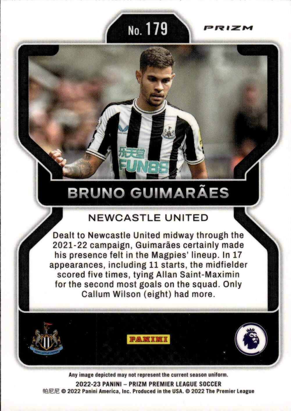 2022-23 Panini Prizm Premier League Soccer - Base - Rookie #179 Bruno Guimaraes - Newcastle United