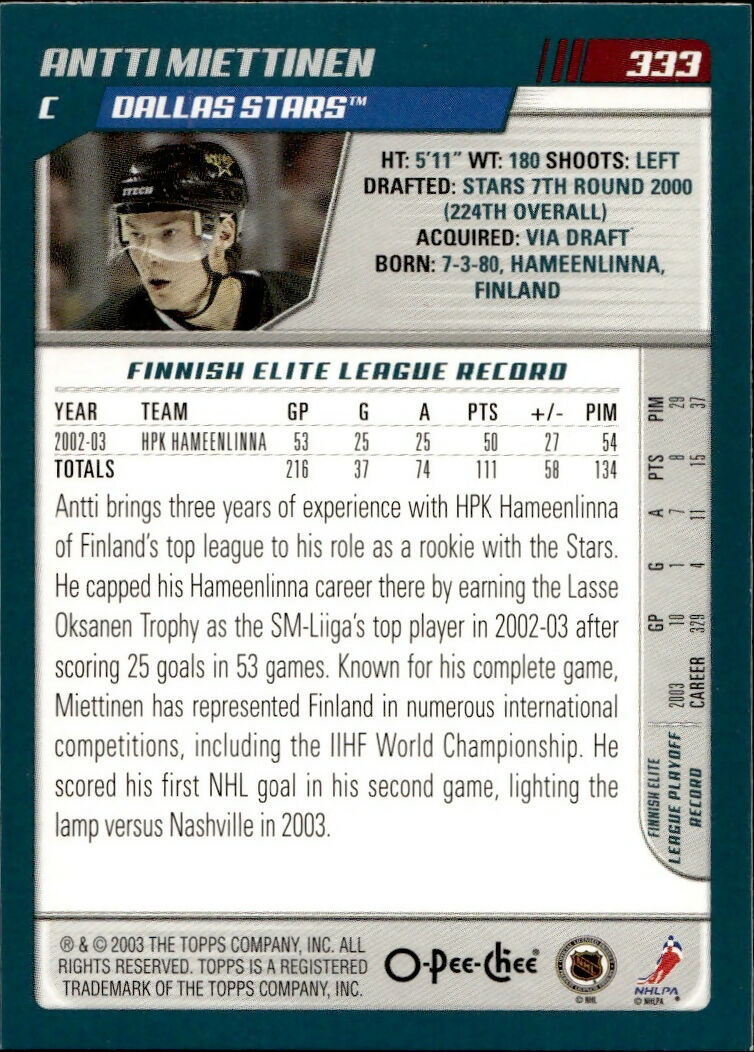 2003-04 O-Pee-Chee - Base #333 Antti Miettinen - Dallas Stars - B