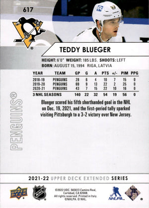 2021-22 Upper Deck Extended Series Hockey - Base #617 Teddy Blueger - Pittsburgh Penguins