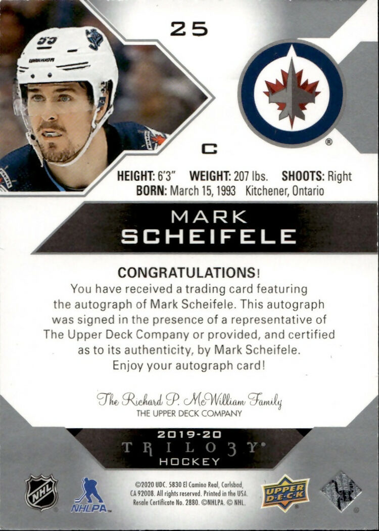 2019-20 Upper Deck Trilogy Hockey - Base - Auto #25 Mark Scheifele - Winnipeg Jets - B