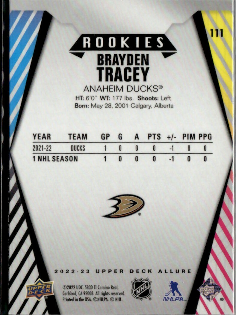 2022-23 Upper Deck Allure Hockey - Base - Rookies #111 Brayen Tracey - Anaheim Ducks