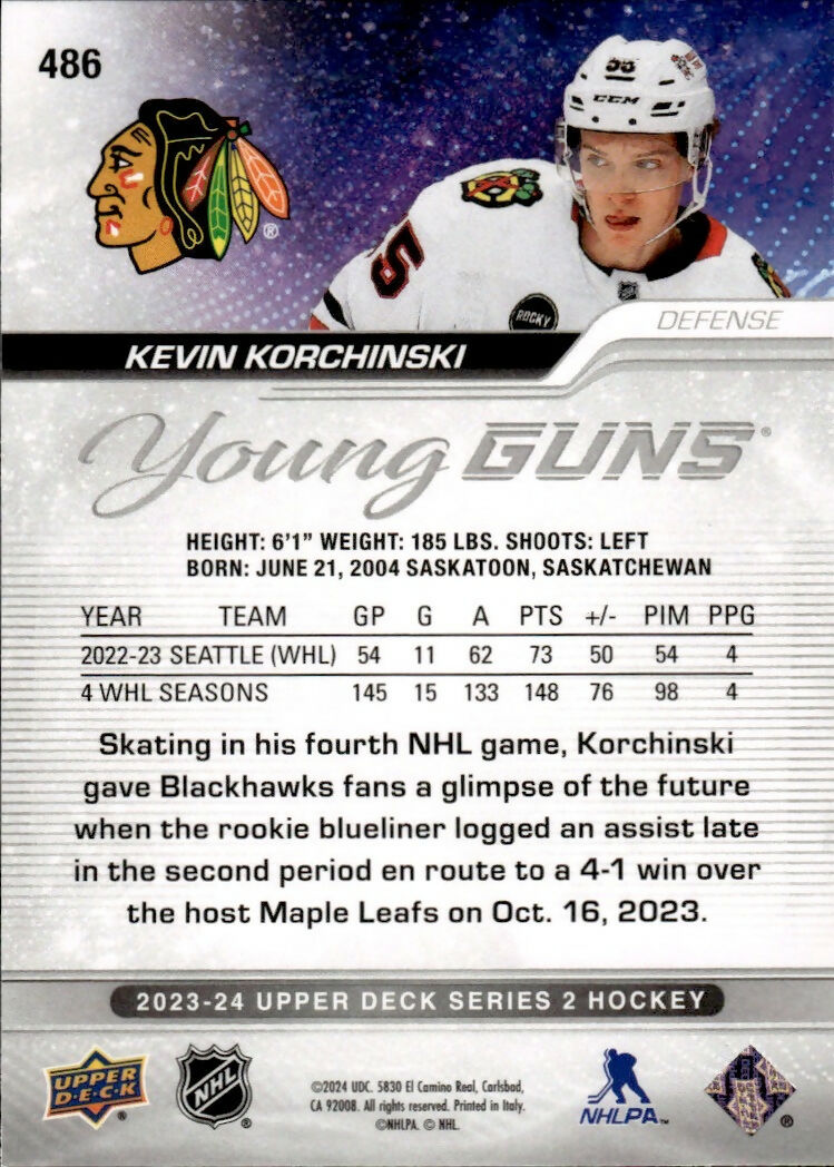 2023-24 Upper Deck Series 2 Hockey - Base - Young Guns #486 Kevin Korchinski - Chicago Blackhawks