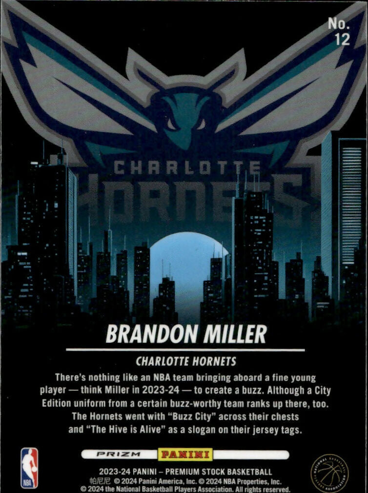 2023-24 Panini Hoops Premium Stock Basketball - City Edition - Prizm #12 Brandon Miller - Charlotte Hornets - B