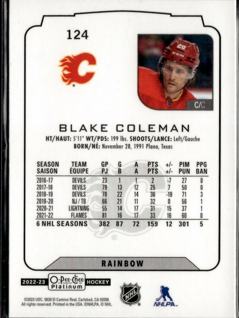 2022-23 Upper Deck O-Pee-Chee Platinum Hockey - Base - Rainbow #124 Blake Coleman - Calgary Flames - B