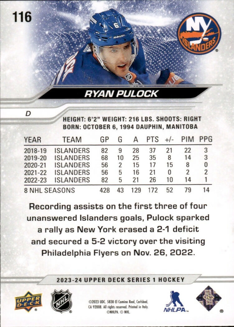 2023-24 Upper Deck Series 1 Hockey - Base #116 Ryan Pulock - New York Islanders