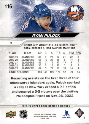 2023-24 Upper Deck Series 1 Hockey - Base #116 Ryan Pulock - New York Islanders