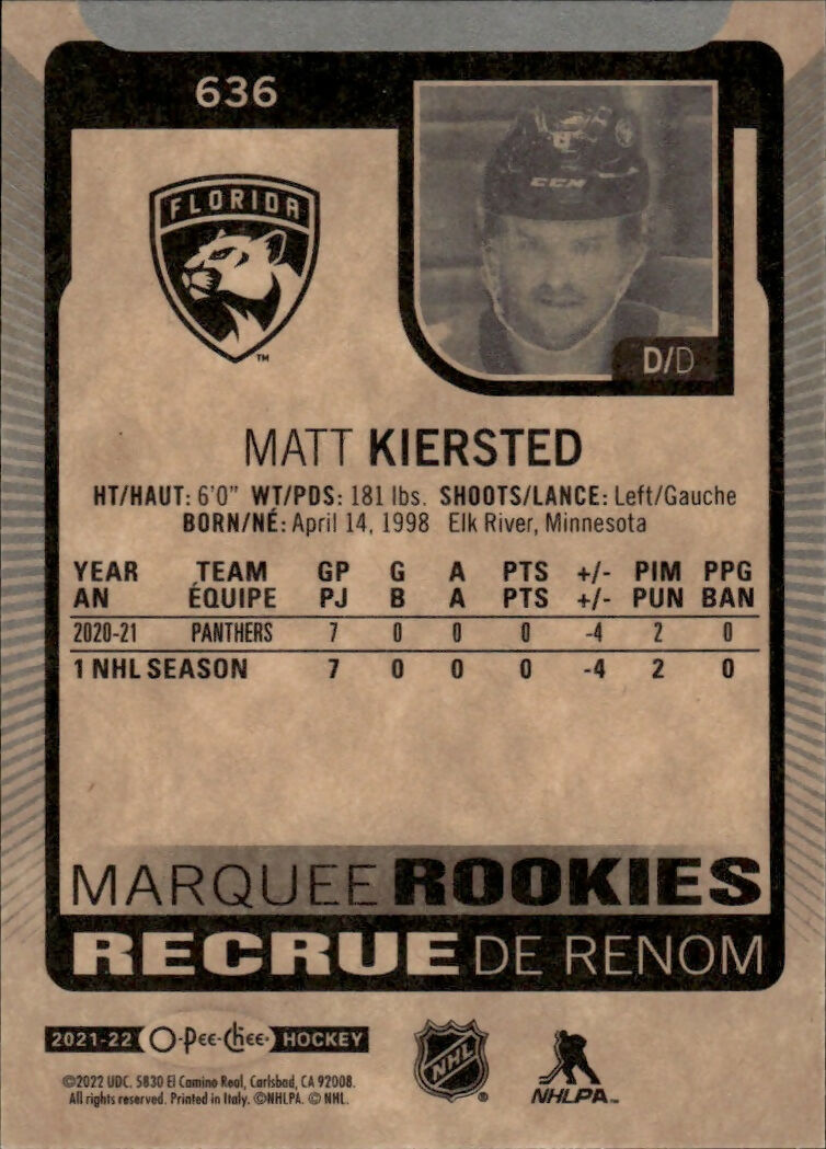 2021-22 Upper Deck Series 2 - O-Pee-Chee Update #636 Matt Kiersted - Florida Panthers - B