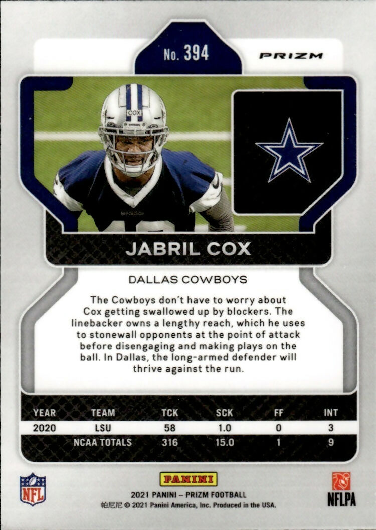 2021 Panini Prizm Football Base - Prizm #394 Jabril Cox RC Dallas Cowboys - B