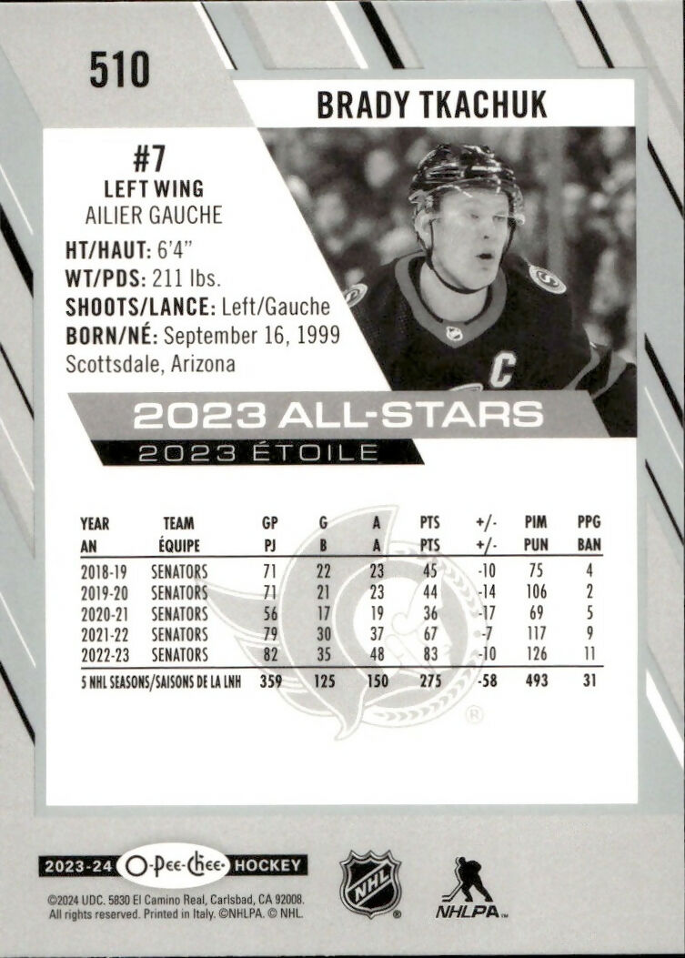 2023-24 Upper Deck O-Pee-Chee Hockey - Base - All Stars #510 Brady Tkachuk - Ottawa Senators
