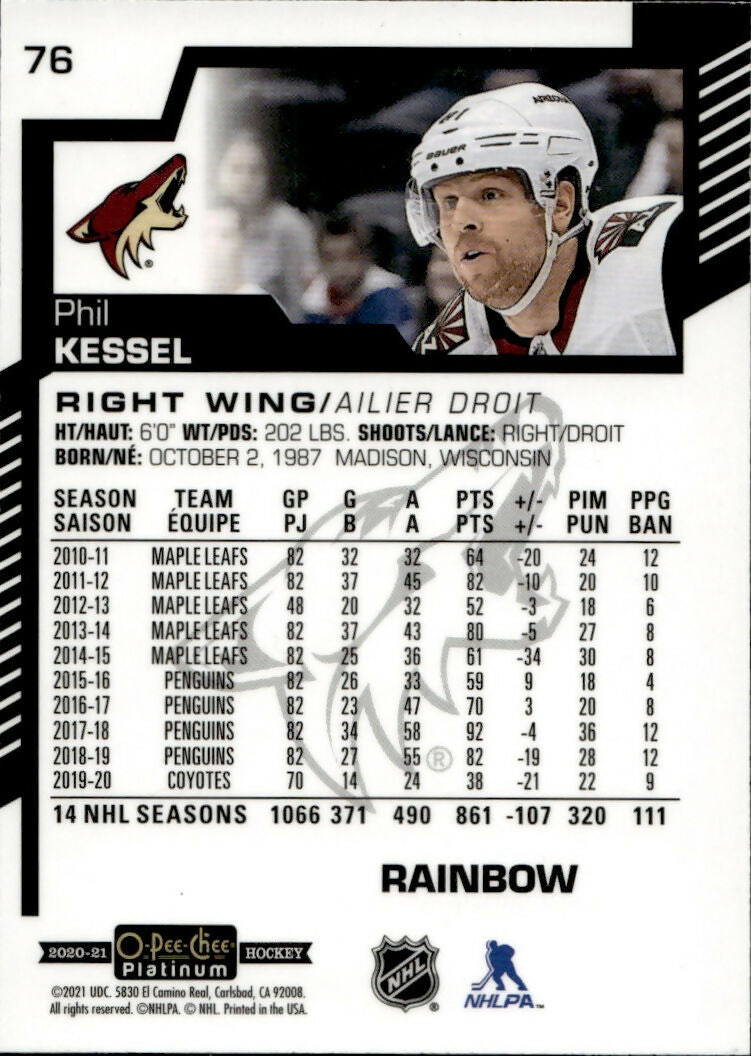 2020-21 Upper Deck O-Pee-Chee Platinum - Base - Rainbow #76 Phil Kessel - Arizona Coyotes - B