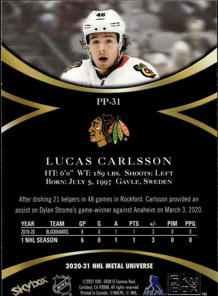 2020-21 Upper Deck Skybox Metal Universe - Premium Prospects - Star Sapphires #PP-31 Lucas Carlsson - Chicago Blackhawks - B