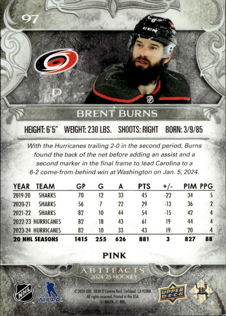 2024-25 Upper Deck Artifacts - Base - Gold Materials #97 Brent Burns - Carolina Hurricanes - B