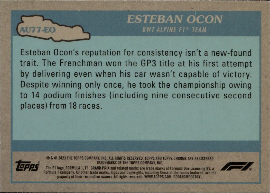 2023 Topps Chrome Formula 1 Autos of 1977 #AU77-EO Esteban Ocon - BWT Alpine F1 Team - B