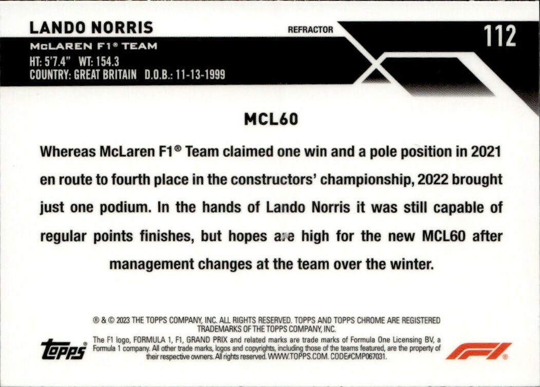 2023 Topps Chrome Formula 1 Base #112 - F1 Cars - Refractor Lando Norris - McLaren F1 Team - B