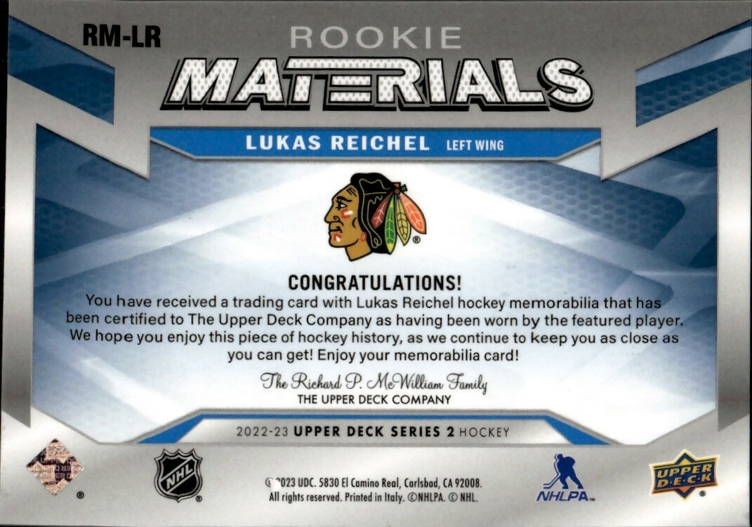 2022-23 Upper Deck Series 2 Hockey - Rookie Materials #RM-LR Lukas Reichel - Chicago Blackhawks - B