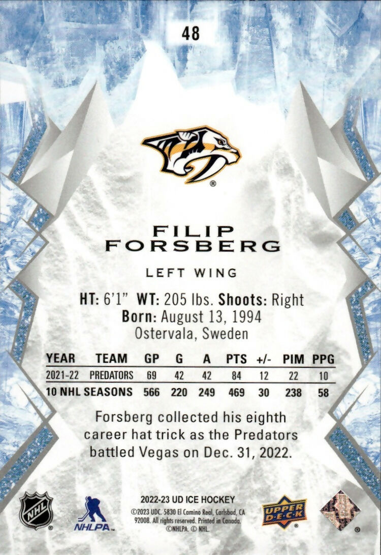 2022-23 Upper Deck Ice Hockey - Base #48 Filip Forsberg - Nashville Predators