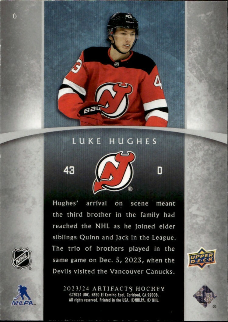 2023-24 Upper Deck Artifacts Hockey - Base - Rookie :999 #6 Luke Hughes - New Jersey Devils - B