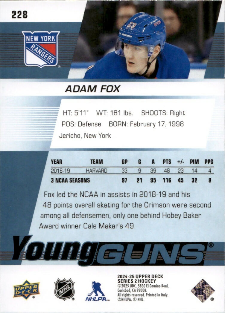 2024-25 Upper Deck Series 2 Hockey - Young Guns Renewed #228 Adam Fox - New York Islanders - B