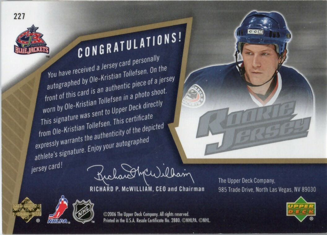 2015-16 Upper Deck SPX Hockey - Retro Rookie Fabric - Auto /1999 #227 Ole-Kristian Tollefsen - Columbus Blue Jackets