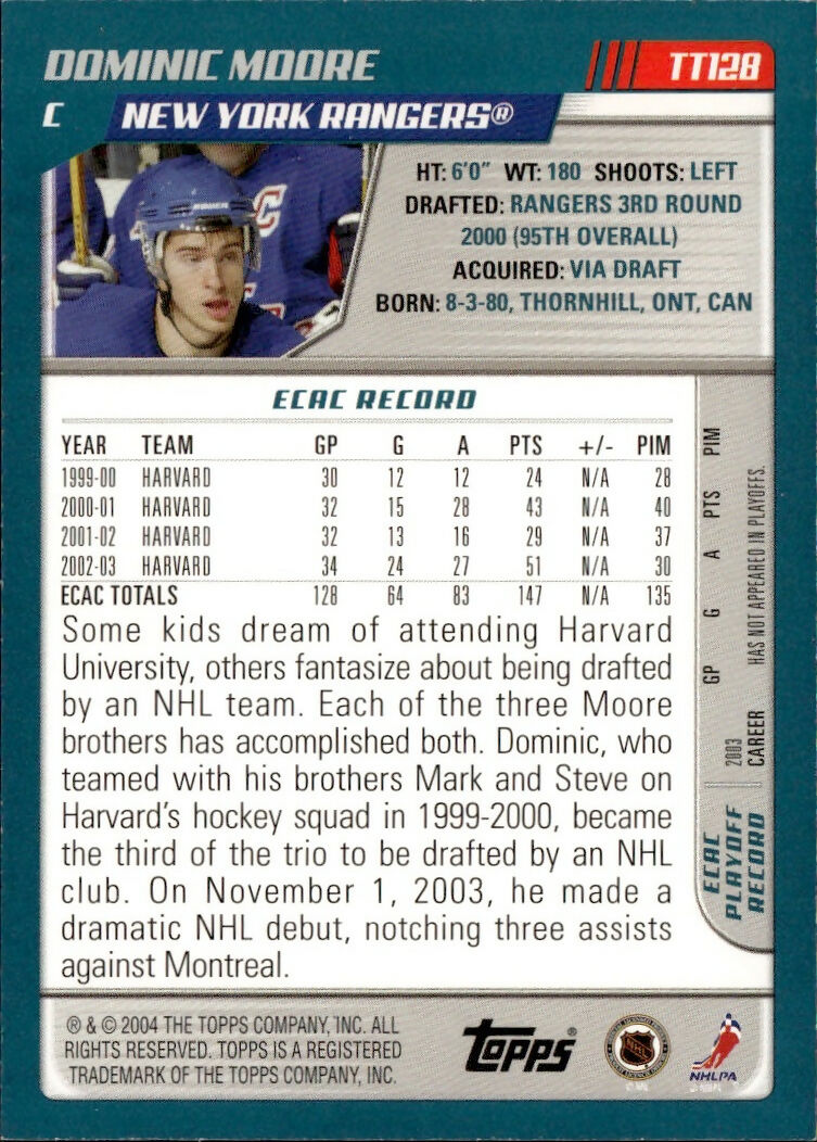 2003-04 Topps Traded - Base - Blue :500 #TT128 Dominic Moore - New York Rangers - B