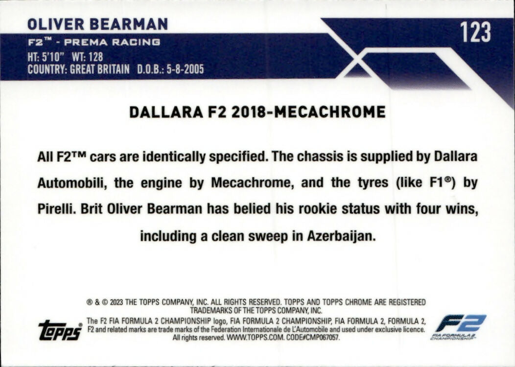 2023 Topps Chrome Formula 1 Base #123 - F2 Cars Oliver Bearman - F2 Prema Racing - B