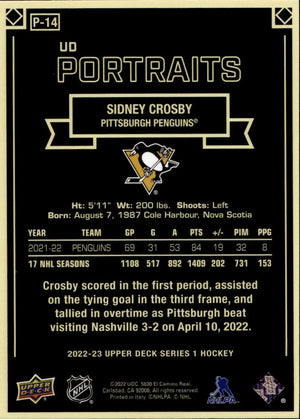 2022-23 Upper Deck Series 1 Hockey - Portraits #P-14 Sidney Crosby - Pittsburgh Penguins - B