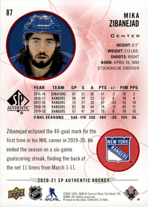 2020-21 Upper Deck Sp Authentic Hockey - Base - Limited Red #87 Mika Zibanejad - New York Rangers