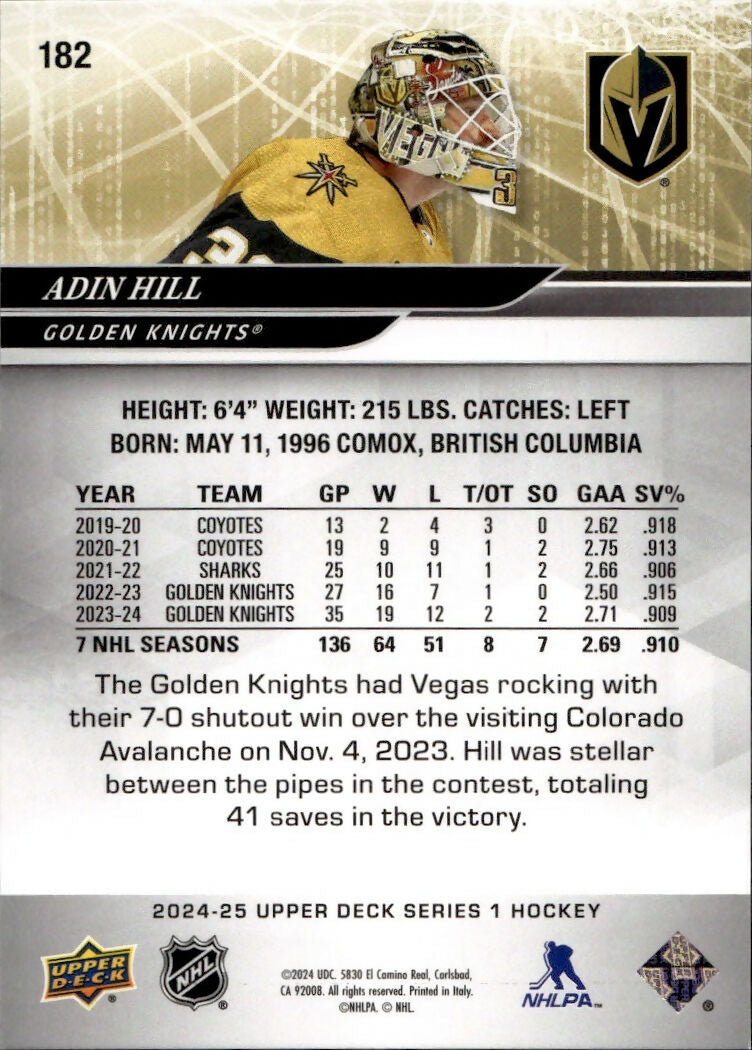 2024-25 Upper Deck Series 1 Hockey - Base #182 Adin Hill - Vegas Golden Knights - B