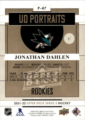 2021-22 Upper Deck Series 2 Hockey - UD Portraits #P-47 Jonathan Dahlen - San Jose Sharks - B