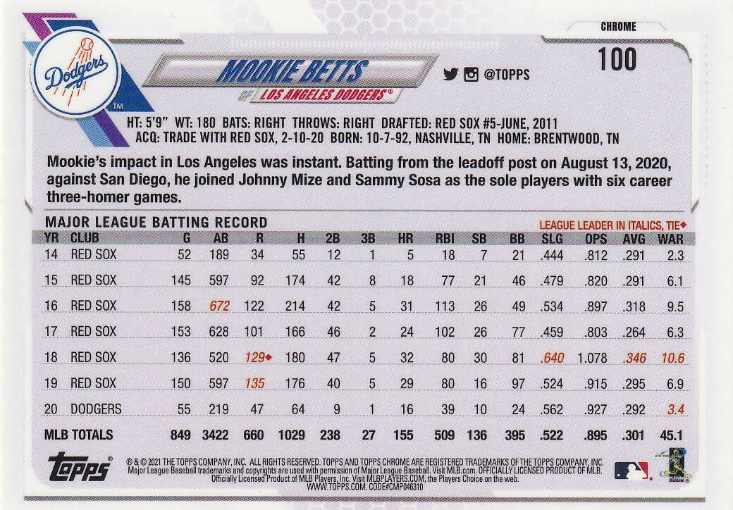 2021 Topps Chrome #100 Mookie Betts Los Angeles Dodgers