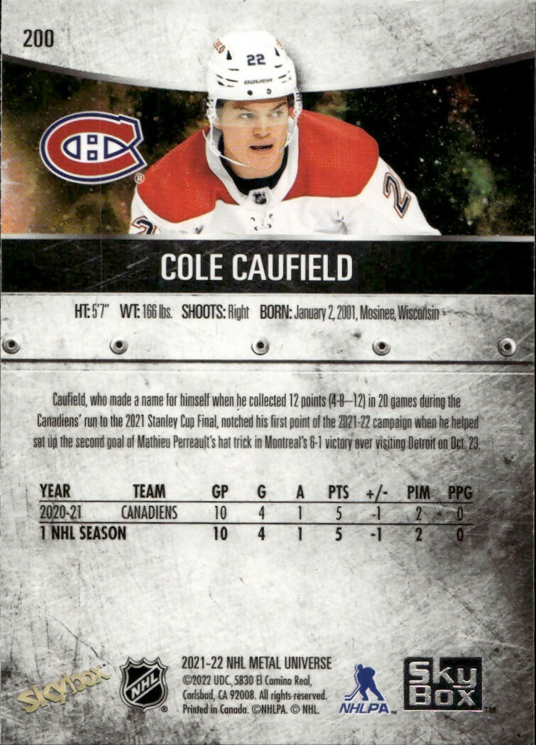 2021-22 Upper Deck Skybox Metal Universe Hockey - Base #200 Cole Caufield - Montreal Canadiens - B