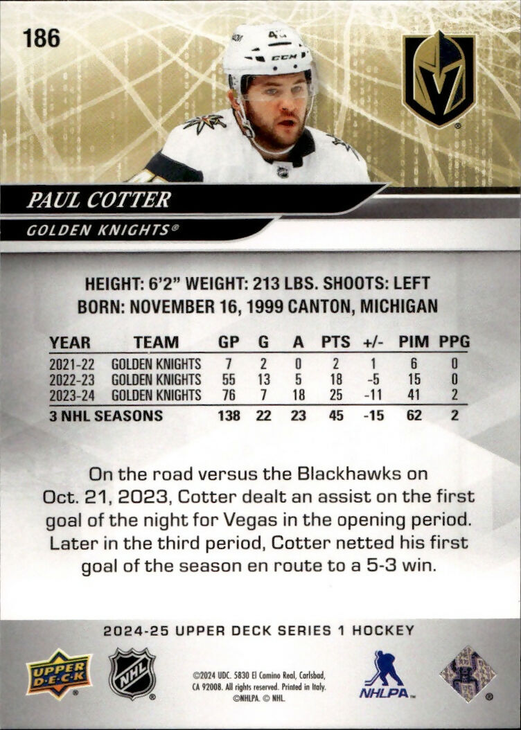 2024-25 Upper Deck Series 1 Hockey - Base #186 Paul Cotter - Vegas Golden Knights