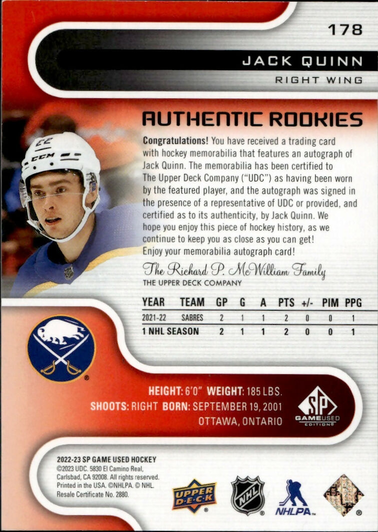 2022-23 Upper Deck SP Game Used Hockey - Base - Red - Jersey - Auto #178 Jack Quinn - Buffalo Sabres - B