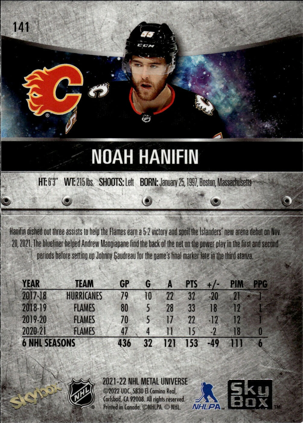 2021-22 Upper Deck Skybox Metal Universe Hockey Alt Jersey #141 Noah Hanifin - Calgary Flames - B