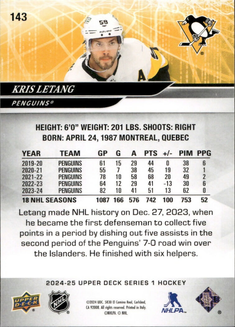 2024-25 Upper Deck Series 1 Hockey - Base #143 Kris Letang - Pittsburgh Penguins - B