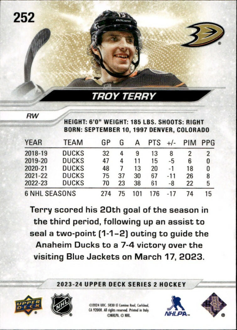 2023-24 Upper Deck Series 2 Hockey - Base #252 Troy Terry - Anaheim Ducks - B