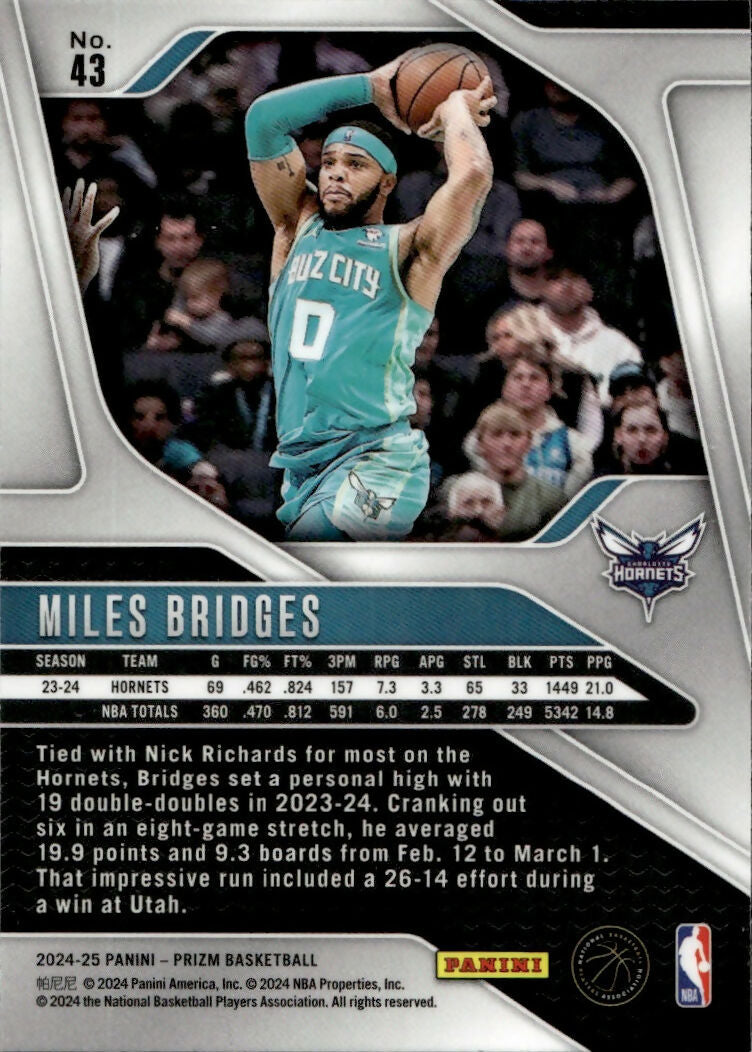 2024-25 Panini Prizm Basketball - Base #43 Miles Bridges - Charlotte Hornets - B