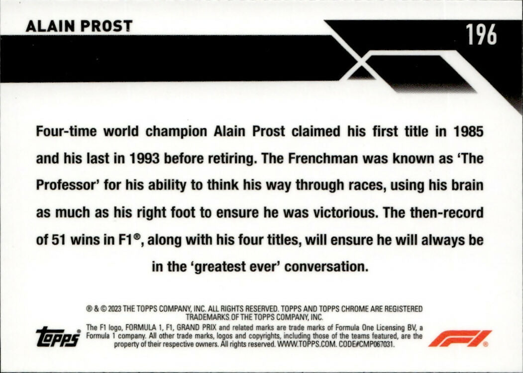 2023 Topps Chrome Formula 1 Base #197 - F1 Legends Alain Prost - B