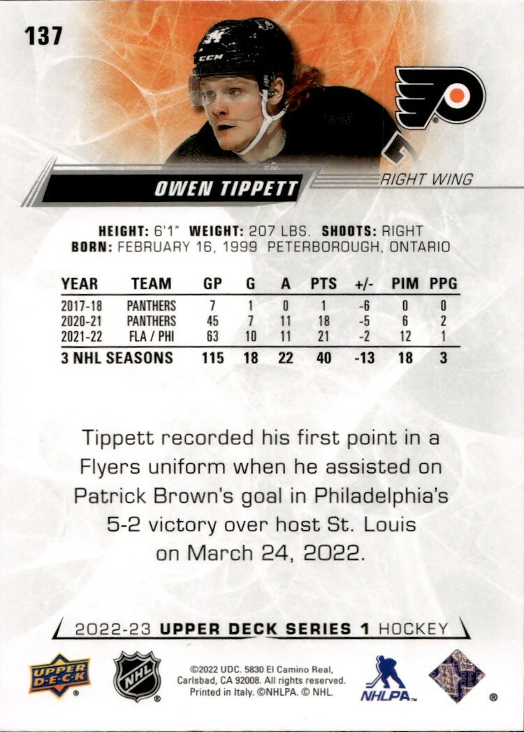 2022-23 Upper Deck Series 1 Hockey - Base #137 Owen Tippett - Philadelphia Flyers - B