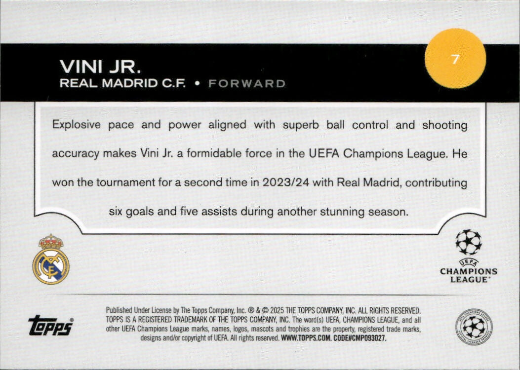 2024-25 Topps UEFA Club Competitions - Base #7 Vini Jr. - Real Madrid C.F. - B