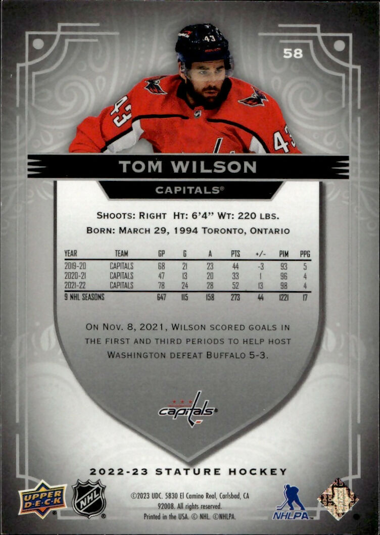 2022-23 Upper Deck Stature Hockey - Base #58 Tom Wilson - Washington Capitals - B