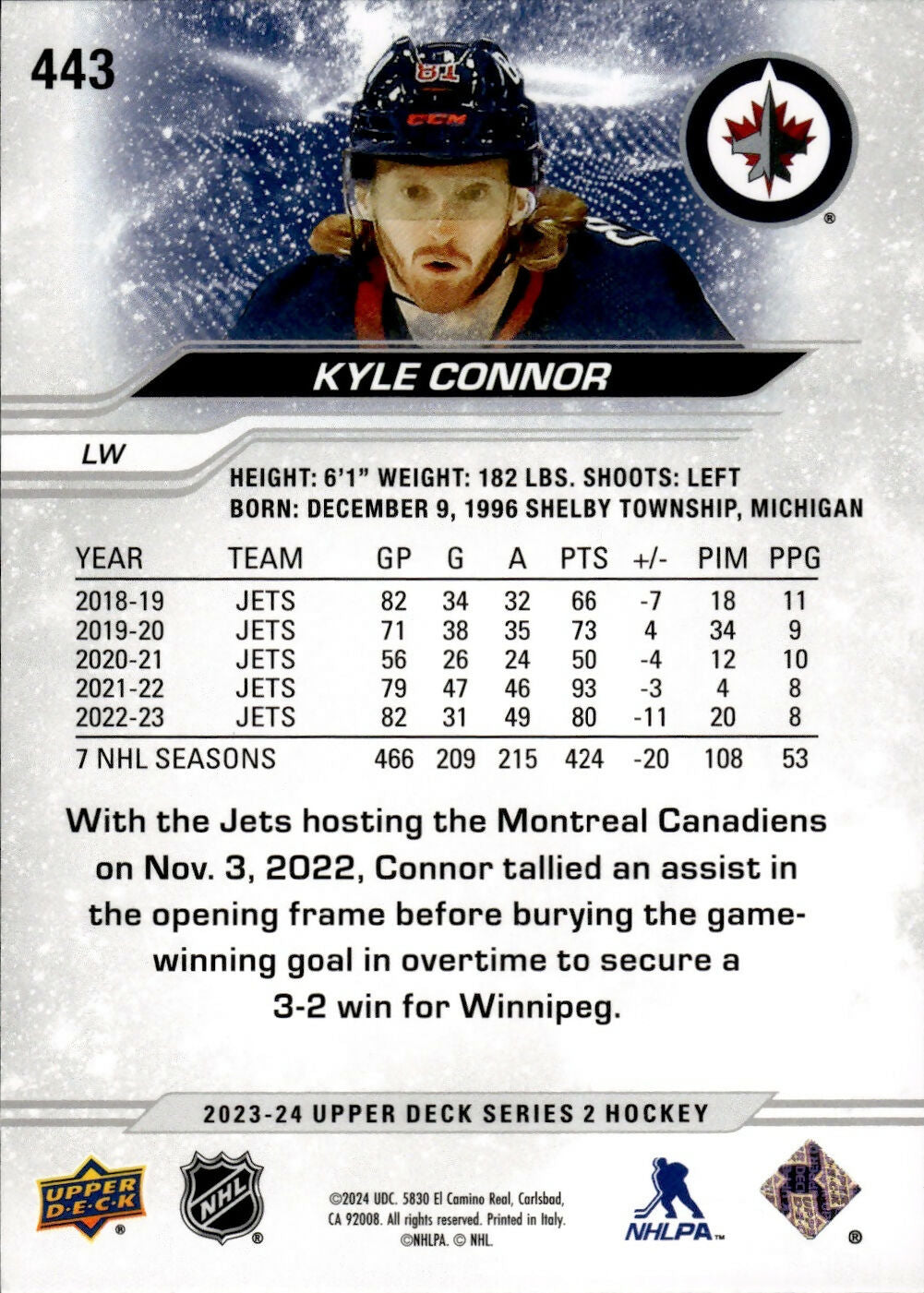2023-24 Upper Deck Series 2 Hockey - Base #443 Kyle Connor - Winnipeg Jets