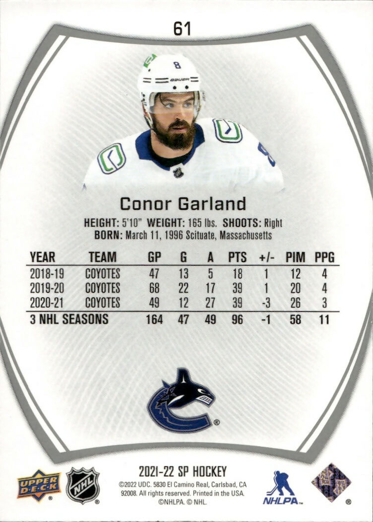2021-22 Upper Deck SP Authentic Hockey - Base #61 Conor Garland - Vancouver Canucks - B