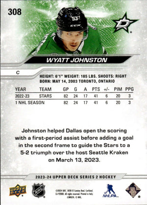 2023-24 Upper Deck Series 2 Hockey - Base #308 Wyatt Johnston - Dallas Stars - B